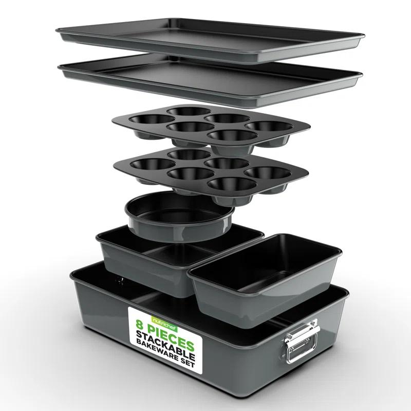 NutriChef 8-Piece Nonstick Stackable Bakeware Set - Pfoa, Pfos, Ptfe Free Baking Tray Set W/ Non-Stick Coating, 450°F Oven Safe, Round Cake, Loaf, Muffin, Wide/Square Pans, Cookie Sheet