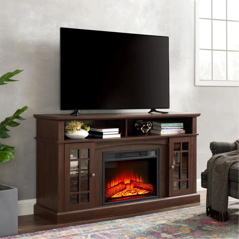 August Grove® Classic TV Media Stand Modern Entertainment Console with 23" Fireplace Insert for TV Up to 65" with Open and Closed Storage Space, 58.25"W 15.75"D 32"H