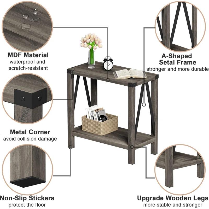Gracie Oaks Farmhouse End Table For Small Spaces, Narrow Side End Table With Storage Shelf, Rustic A-Design Nightstand Sofa Table For Living Room, Bedroom 2 Pack