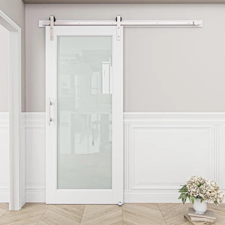 Home Worthy Frosted Glass Solid Manufactured Wood Painted Sliding Barn Door with Nickel-Hardware Kit(No Assembly Required)