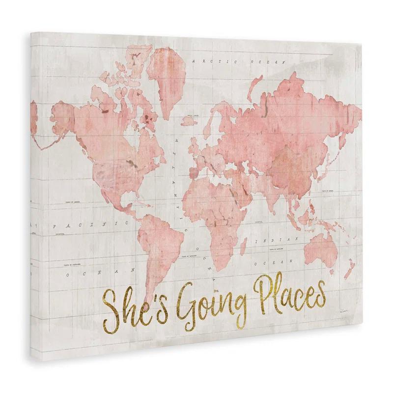 Stupell Industries She's Going Places Quote Pink Watercolor World Map by Sue Schlabach - Print
