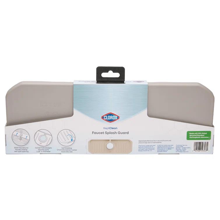 Ginsey Clorox KeptClean Kitchen Faucet Splash Guard – Easy-to-Install, Water-Resistant Protection for Faucets and Sink Area, Self-Draining Channels Direct Water Into Sink – Almond