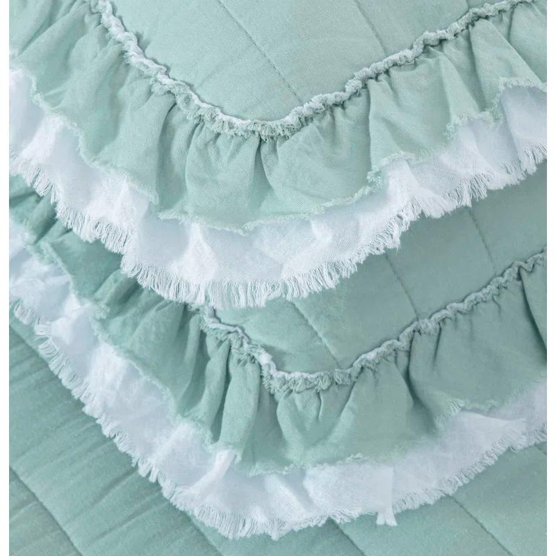 Chezmoi Collection Bonnie Double Frayed Ruffled Edge Cotton Quilt Set