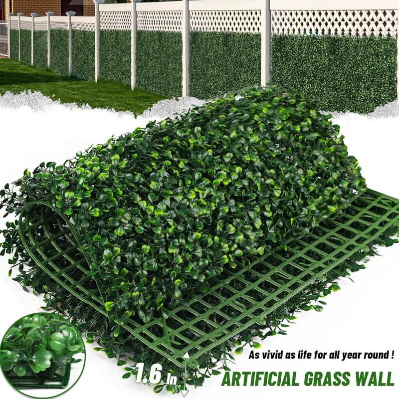 Tianqi Artificial Boxwood Plant Hedge, Green Grass Backdrop, Indoor and Outdoor Use (Set of 12)