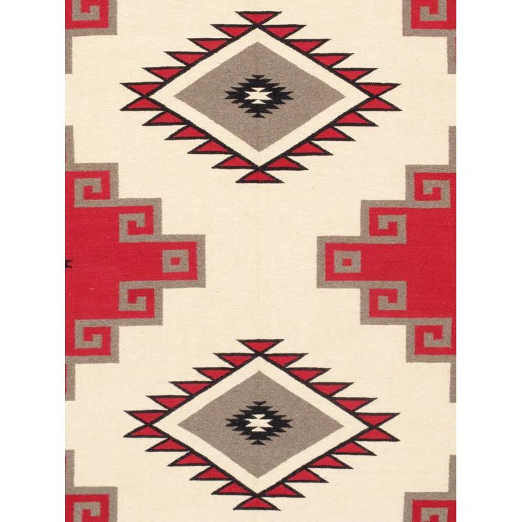 Ivory and Red Geometric Wool 8' x 10' Handmade Rug