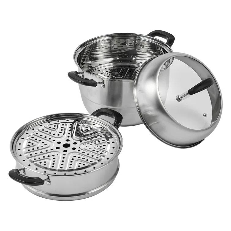 Stellweilan Tessberg Steamer Pot 11in/28cm, 3 Tier Steamer Pot for Cooking with 8.5QT Stock Pot, Vegetable Steamer & 2 Steaming Tray, Food-Grade 304 Stainless Steel Food Steamer Cookware for Gas Electric Stove Grill