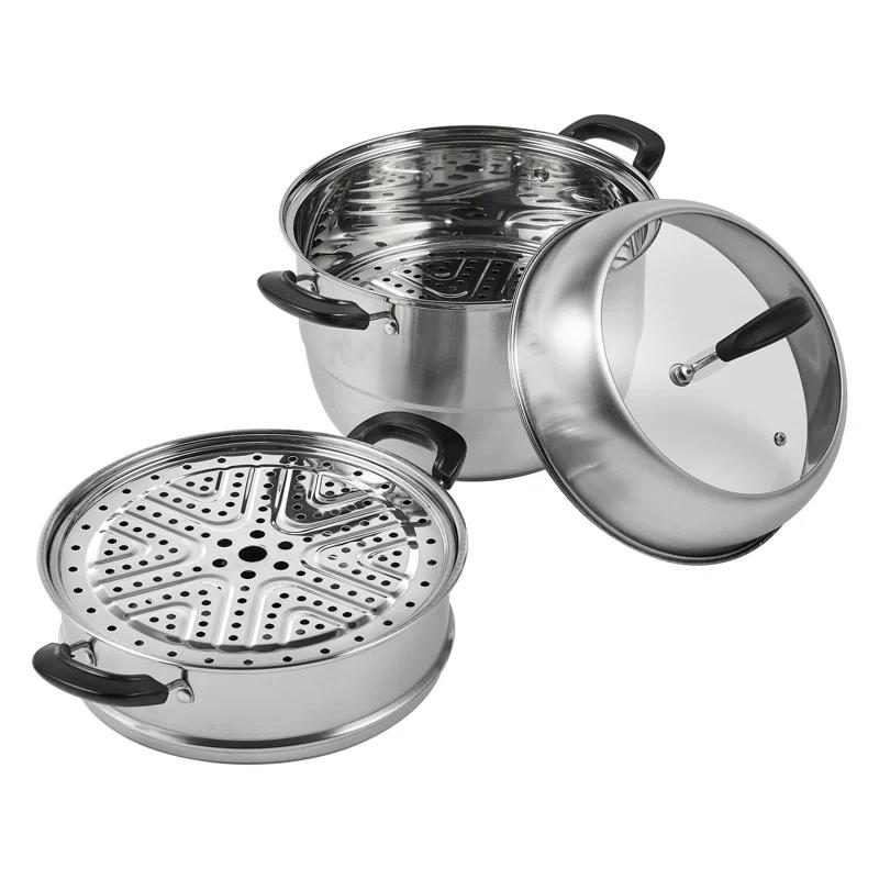 Stellweilan Tessberg Steamer Pot 11in/28cm, 3 Tier Steamer Pot for Cooking with 8.5QT Stock Pot, Vegetable Steamer & 2 Steaming Tray, Food-Grade 304 Stainless Steel Food Steamer Cookware for Gas Electric Stove Grill