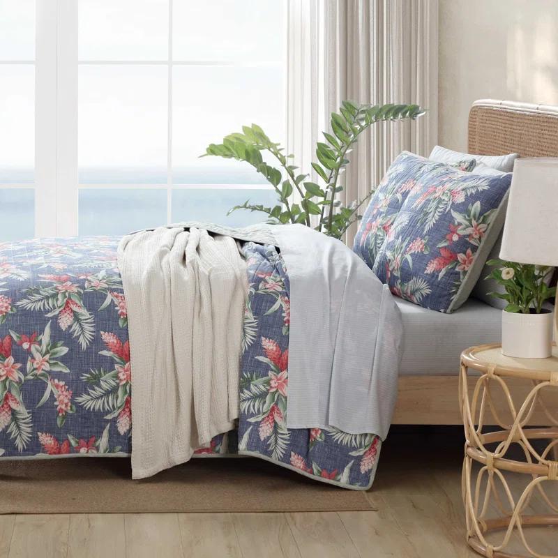 Eddie Bauer Tommy Bahama Floral Enchantment Cotton Reversible Blue Quilt Set