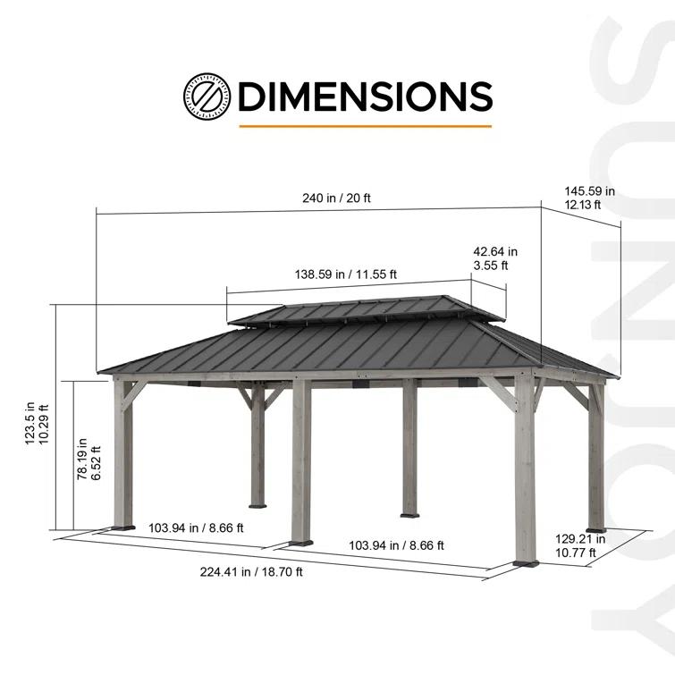 Sunjoy Sunjoy 12x20 ft. Wood Gazebo, Outdoor Patio Steel Hardtop Gazebo with 2-tier Metal Roof, Suitable for Patios, Lawn and Backyard, Matte Black Roof