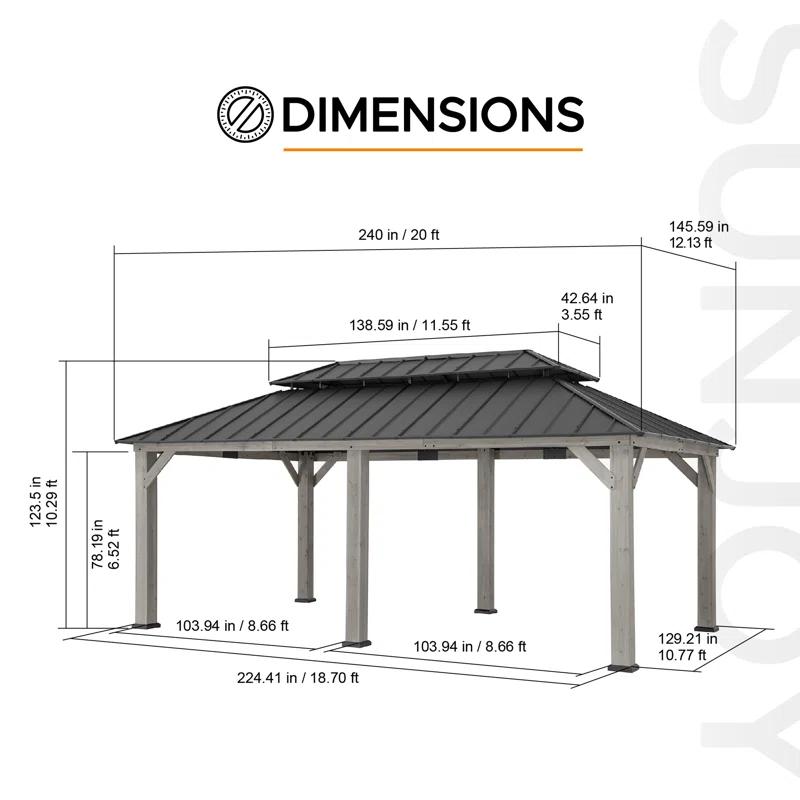 Sunjoy Sunjoy 12x20 ft. Wood Gazebo, Outdoor Patio Steel Hardtop Gazebo with 2-tier Metal Roof, Suitable for Patios, Lawn and Backyard, Matte Black Roof