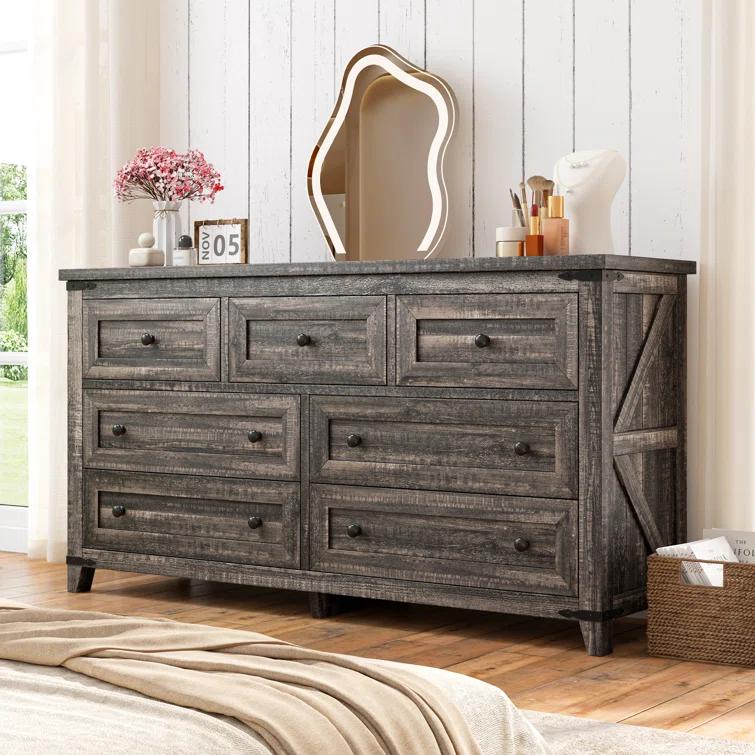 Gracie Oaks Wood Dresser For Bedroom With 7 Drawers, Farmhouse Chest Of Drawers