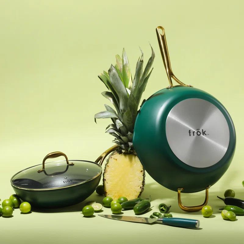 frök Frok 13"  Frying Pan Wok Skillet 4MM Thick Quick Heat Aluminum Cookware W/ Aluminum Lid Set W/ Premium PFA Free Ceramic Nonstick Interior & Heat Resistant Exterior - Induction