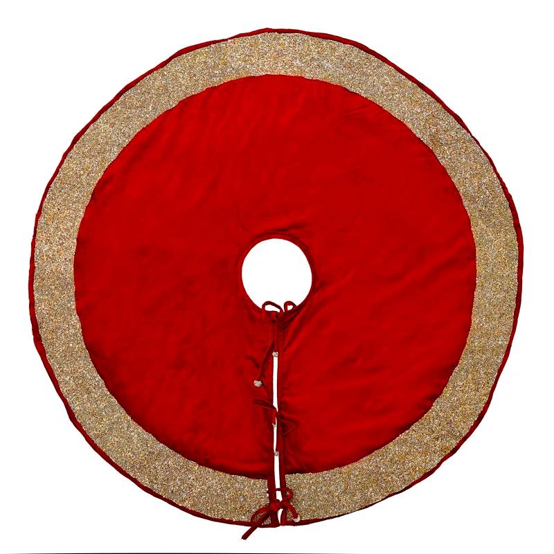 Arcadia Home Velvet Christmas Tree Skirt with Hand Beaded Gold Border