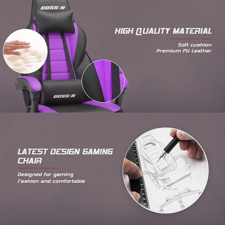 BOSSIN BOSSIN Adjustable Reclining Ergonomic Faux Leather Swiveling PC & Racing Game Chair with Footrest in Purple