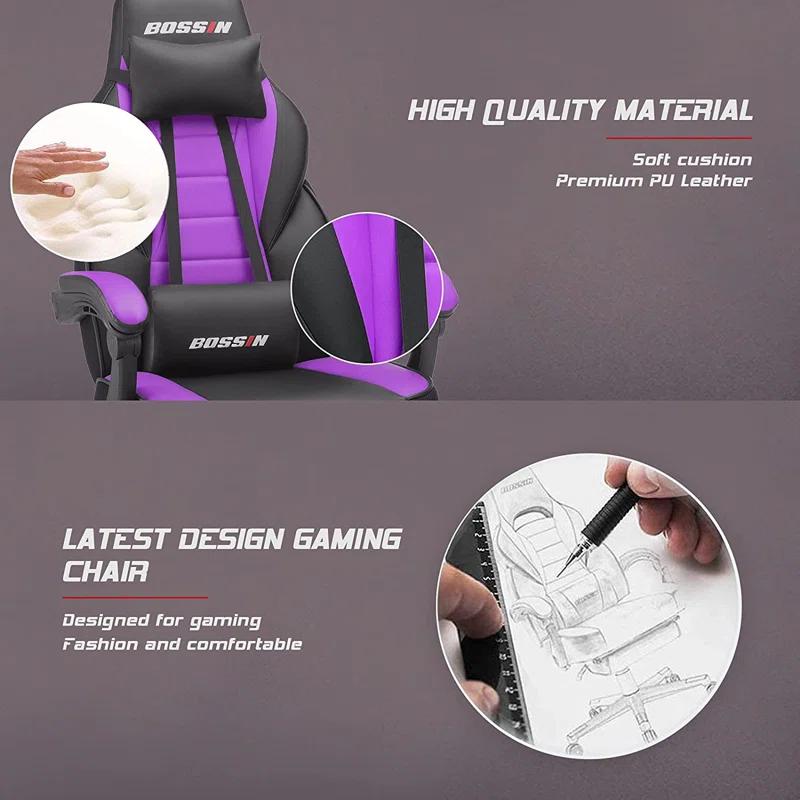 BOSSIN BOSSIN Adjustable Reclining Ergonomic Faux Leather Swiveling PC & Racing Game Chair with Footrest in Purple