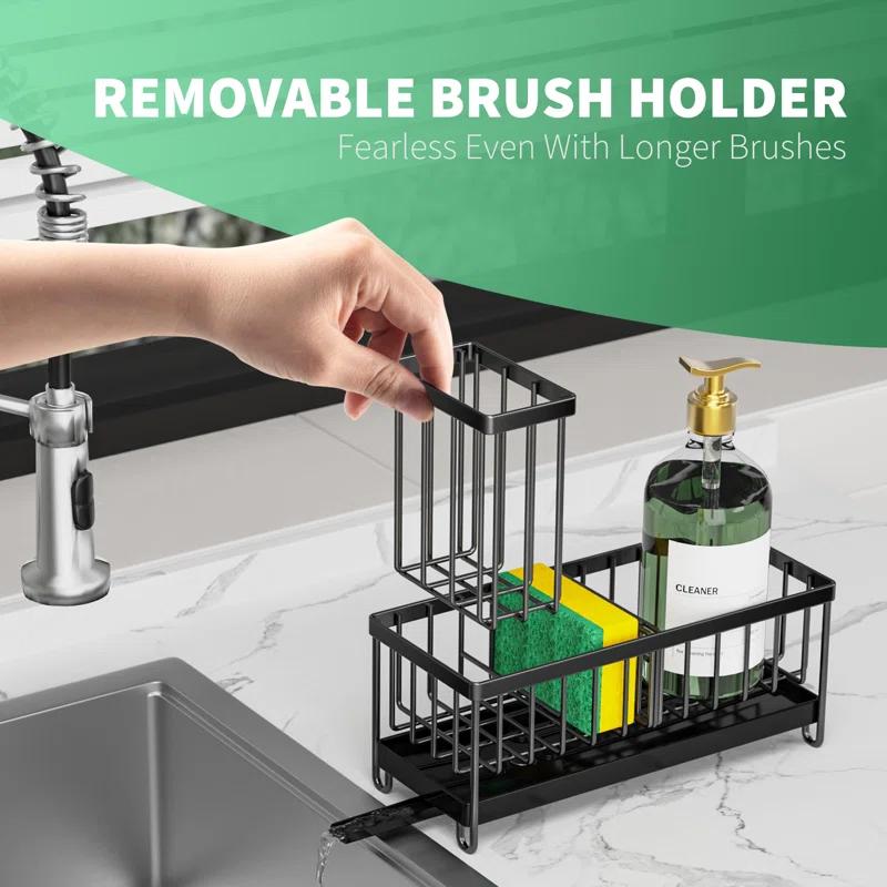 WhiteDream Sponge Holder For Kitchen Sink, Sink Caddy With High Brush Holder, Kitchen Sink Organizer Countertop Rustproof 304 Stainless. Black
