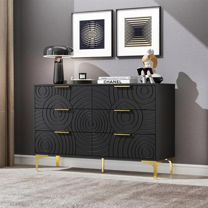 Gloriay Modern 6 Drawer Dresser For Bedroom, Wide Chest Of Drawers With Gold Metal Legs And Handles, Storage Organizer – Black