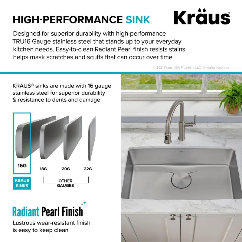 Kraus KD1US33B Dex™️ Series KRAUS 33" L Undermount 16 Gauge Stainless Steel Single Bowl Kitchen Sink