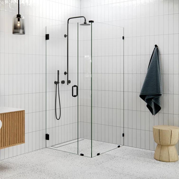 Glass Warehouse 37 in. x 32 in. x 78 in. 90-Degree Wall Hinged Fully Frameless Glass Shower Enclosure 90-WH-37-32-MB
