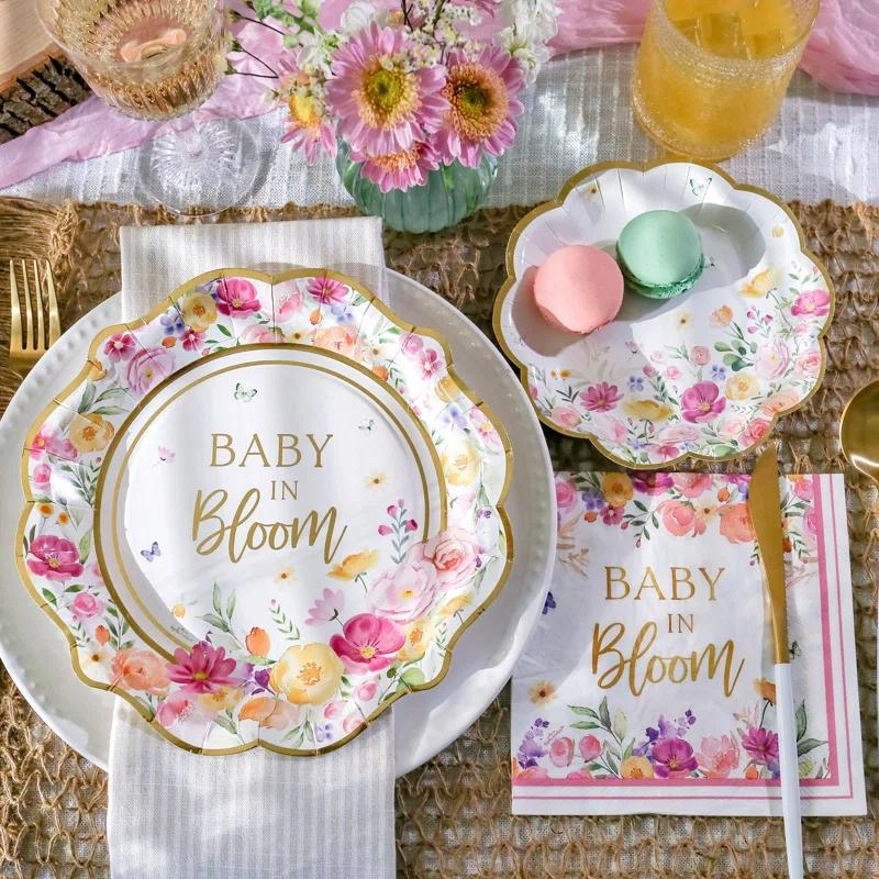 Kate Aspen Kate Aspen Baby in Bloom 62 Piece Party Tableware Set Baby Shower Party Decorations Plates & Napkins, Vibrant Floral Botanical (16 Guests)- Perfect for Greenery Baby Shower (Set of 62)