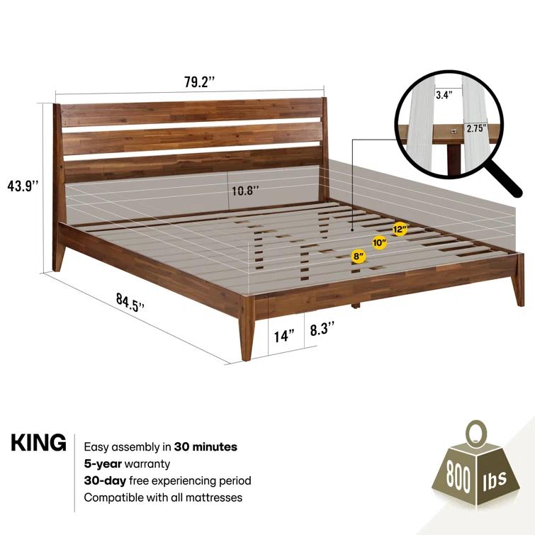 Acacia Acacia Premium Emery Solid Wood Platform Bed Frame with Headboard Included, No Box Spring Needed, Weight Capacity 800lb.