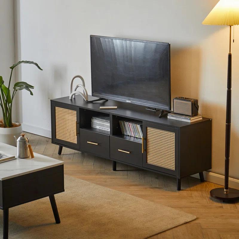 Bay Isle Home™ Heyer Large Wood Rattan TV Stand for TVs up to 75" with LED Light and Charging Station, Coastal Media Console Table, Multimedia Storage Furniture with 2 Drawers, Lighting TV Cabinet