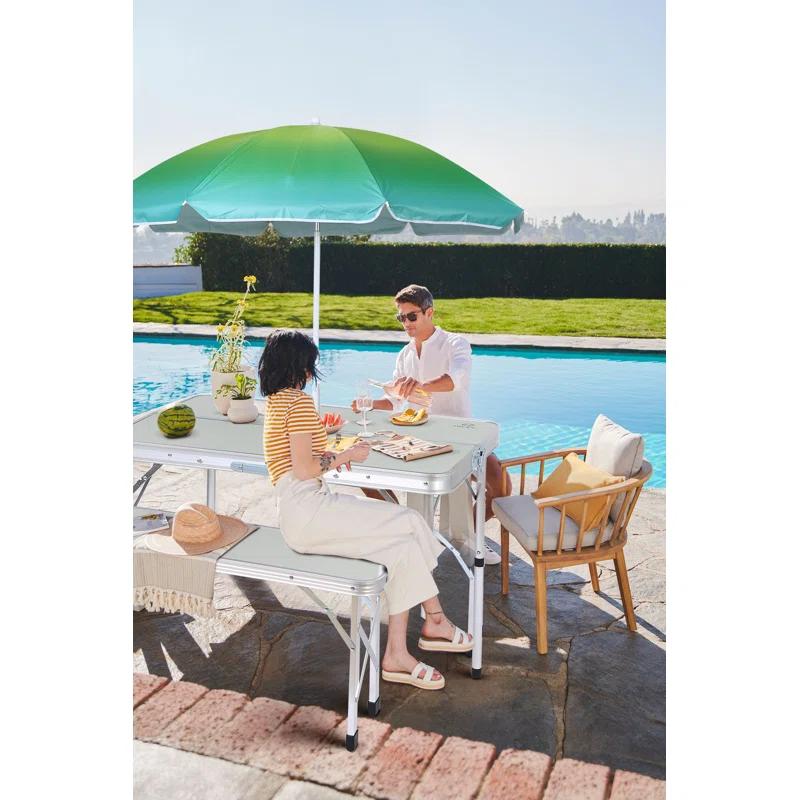 MUKE Folding Picnic Table with 2 Benches & Umbrella, Mesh Net for Outdoor, Patio, Lawn, & Backyard