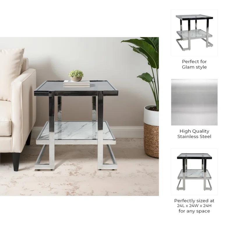 Mercer41 Atli Modern 24" Accent Table with Marble-Look Top, Glass Shelf & Gold Metal Geometric Frame for Living Room or Bedroom