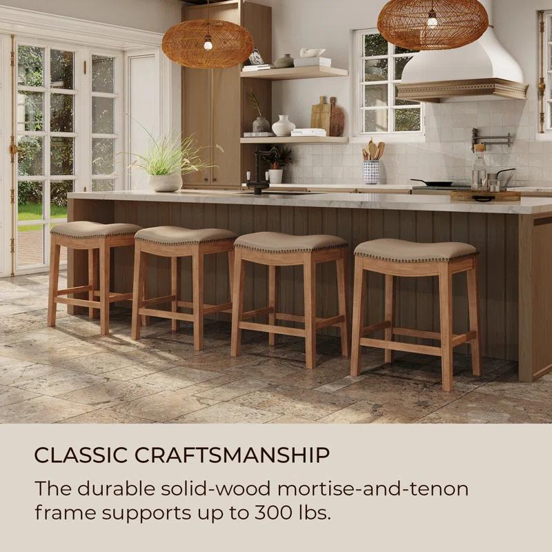 Maven Lane Adrien Saddle Kitchen Counter Stool in Weathered Oak w/ Avanti Bone Vegan Leather