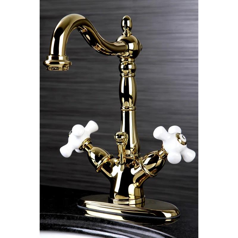 Kingston Brass Heritage Two-Handle 1-or-3 Hole Deck Mount Bathroom Faucet with Brass Pop-Up