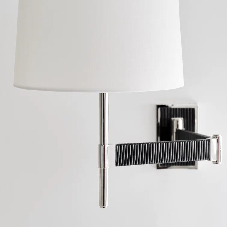 Elle Polished Nickel & Black Rattan 17'' Swing Arm Sconce with Linen Shade