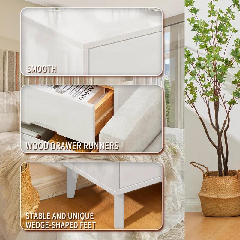 LuxursKingQYW Mid Century Modern Grooved Handle Wood Nightstands Side Table Bedroom Storage Drawer