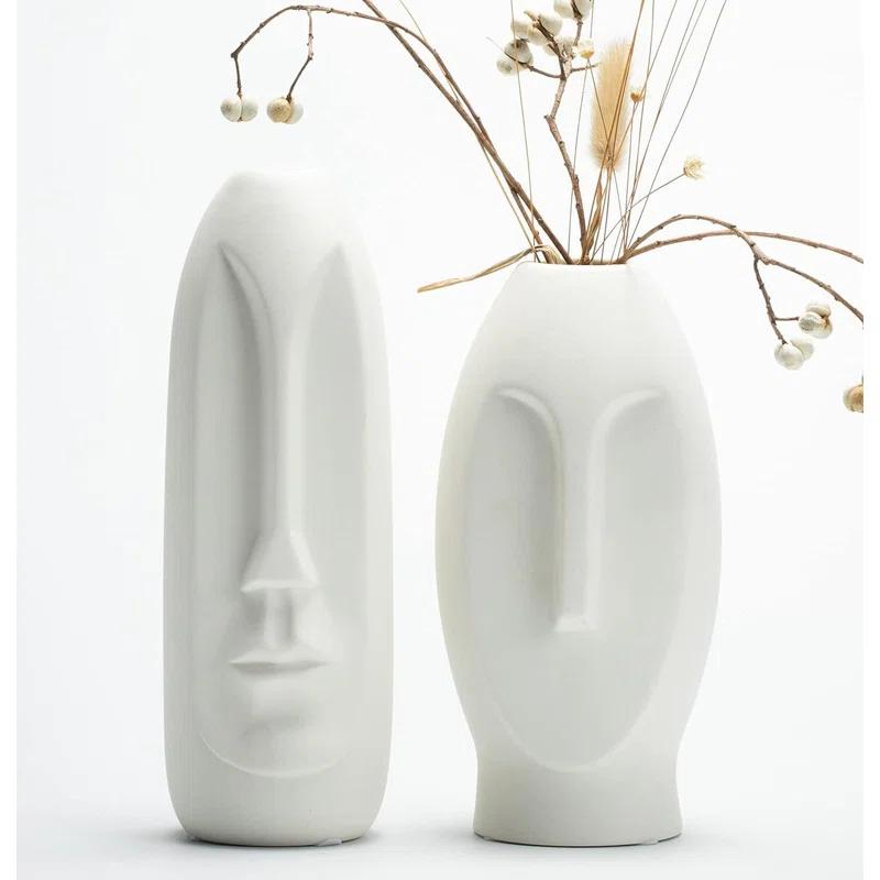 Face Vase Set of 2 - White Modern Vase. Ceramic Statue Human Face Vase Decor and Sculpture Decor