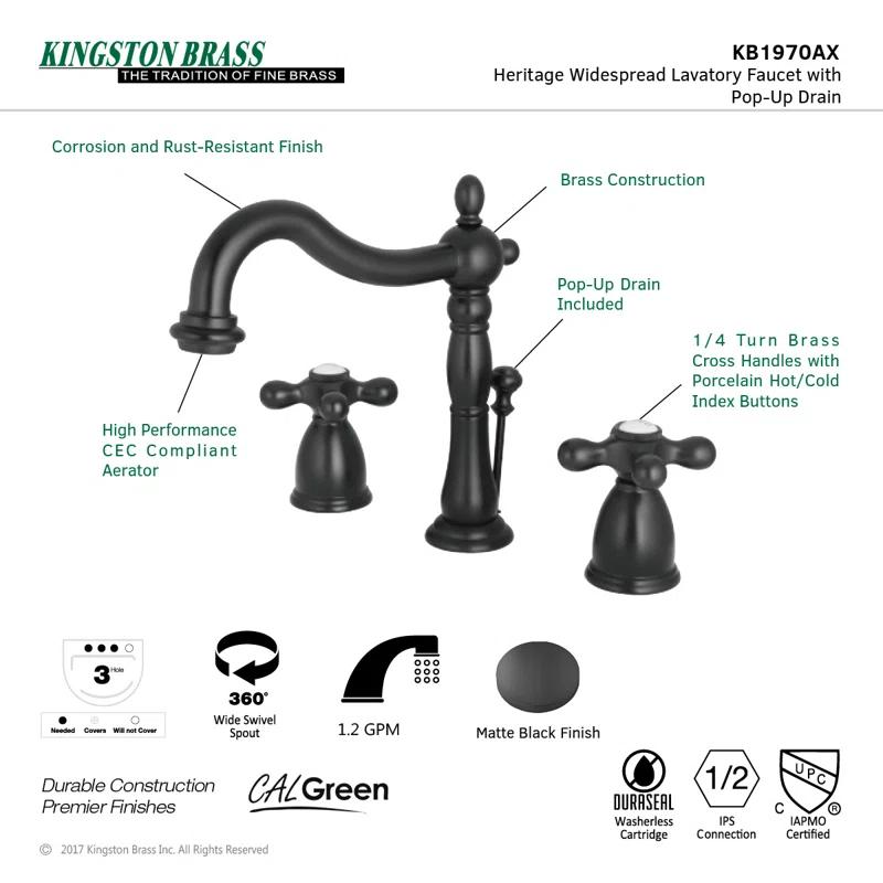Kingston Brass Heritage Two-Handle 3-Hole Deck Mount Widespread Bathroom Faucet with Pop-Up Drain