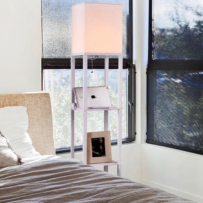 Brightech Maxwell 63 in. 3-Shelf USB-Charging LED Floor Lamp with Fabric Square Shade
