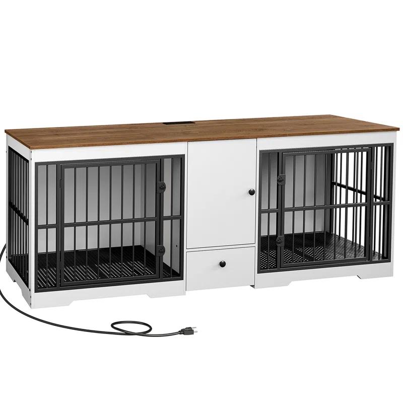 Tucker Murphy Pet™ 72.8 Inch Dog Crate Furniture For 2 Dogs, Farmhouse Double Dog Cage Furniture With Storage Cabinet And Drawer, Wooden Dog Kennel Tv Stand With Power Outlet