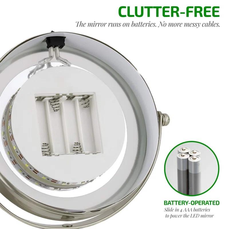 Ovente OVENTE 6" Lighted Makeup Mirror with 1X/7X Magnification, Cordless Tabletop Mount Vanity Round Mirror with 360° Swivel Design and Double Sided Cool Tone LED Ring Light, Nickel Brushed MLT60BR1X7X