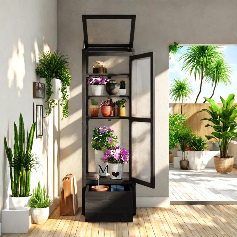 mosaicmotifco Wood Garden Greenhouse Balcony Portable Mini Cold Frame With Movable Storage Box, Adjustable Shelves And 1 Drawer