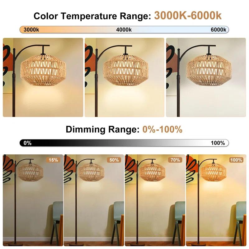 Bay Isle Home™ Boho 72'' Rattan Floor Lamp With 3 Color Temps, 360° Rotatable Modern Farmhouse Design For Bedroom/Living Room/Office