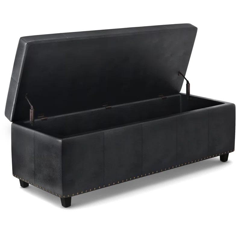 Simpli Home Kingsley 48"W Upholstered Storage Ottoman with Lift-Top Lid, Nailhead Trim, and Stitching Detail
