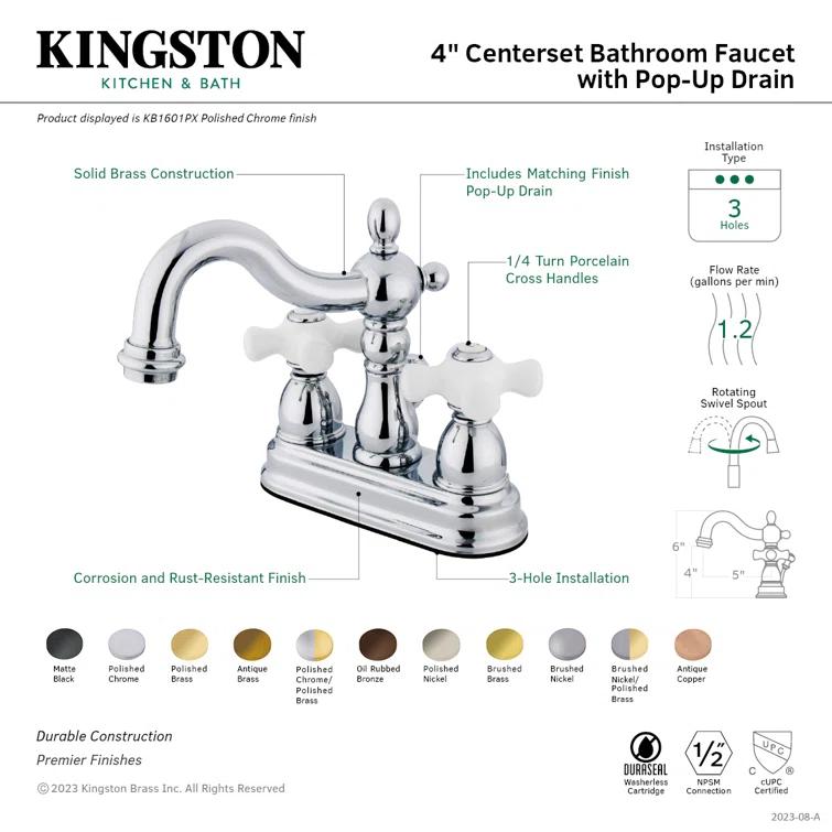Kingston Brass Heritage Two-Handle 3-Hole Deck Mount 4" Centerset Bathroom Faucet with Plastic Pop-Up