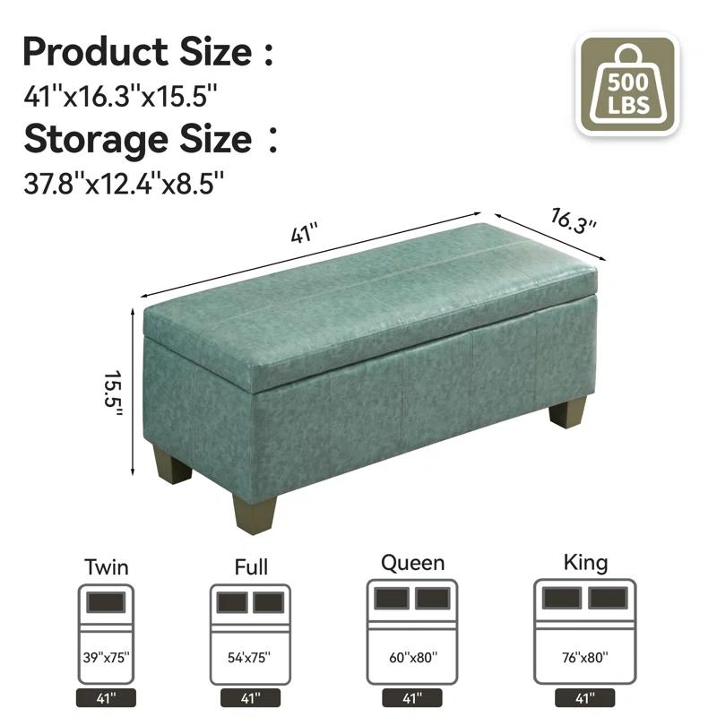 Ebern Designs Faux Leather Storage Ottoman, Rectangle Upholstered End Of Bed Storage Bench,  Stitch Tufted Bedroom Bench With Storage, Entryway Large Storage Ottoman With Wooden Legs
