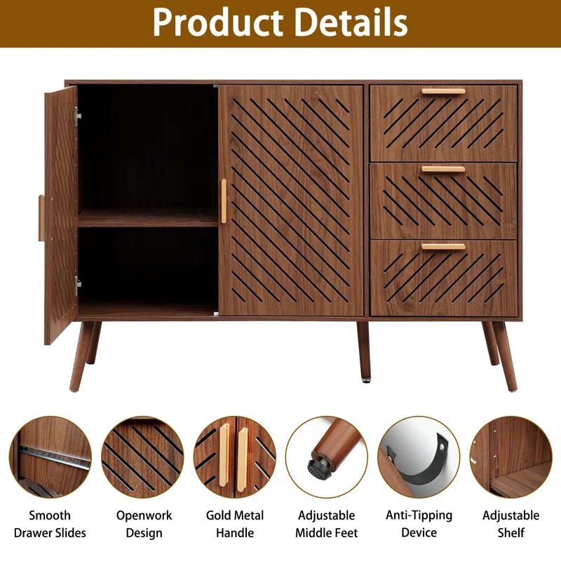 George Oliver Storage Cabinet With 3 Drawers & Double Doors, Kitchen Buffet Sideboard Cabinet,Wood Storage Organizer For Kitchen, Living Room, Dining Room, Brown & Reviews | Wayfair