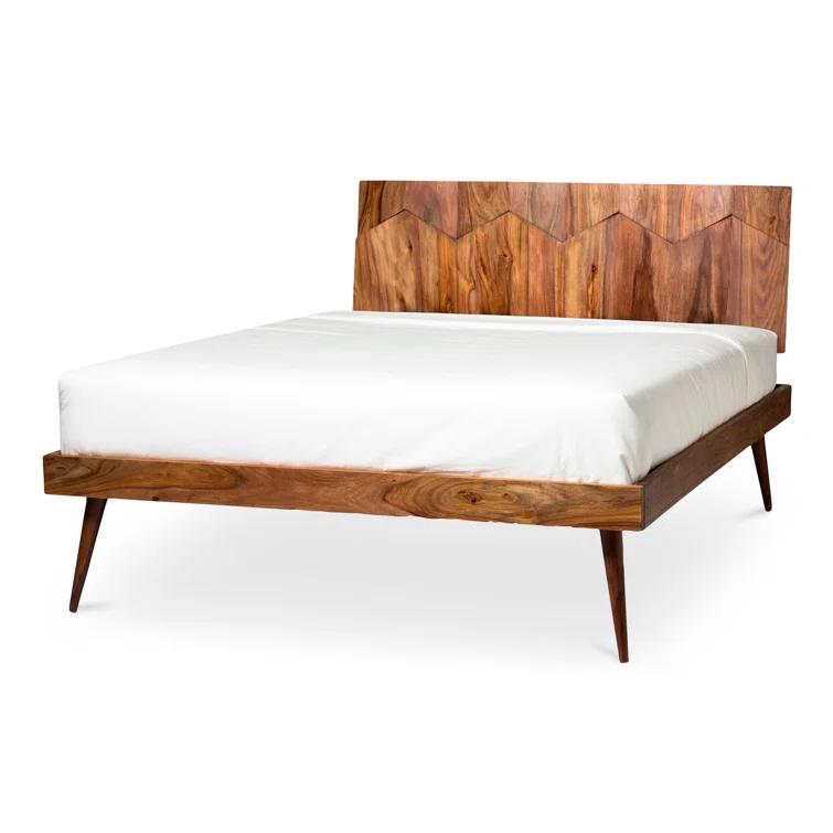 Deluxe Mid-Century Modern Sheesham Wood Queen Platform Bed with Storage