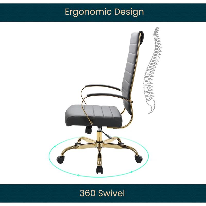 Everly Quinn Humairaa Benmar Leather Office Chair in Gold Base