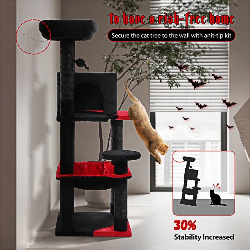 Gothic Cat Tree With Super Large Hammock, 45.7"  Cat Tower With Coffin Bed, Cat Condo, Sisal Scratching Posts & Top Perch, Multi-Level Goth Cat Tree, Halloween