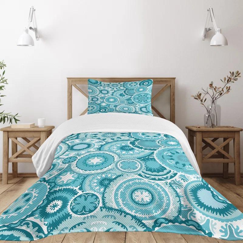 Ambesonne Ambesonne Aqua Bedspread Set Mandala Round Turquoise Teal White