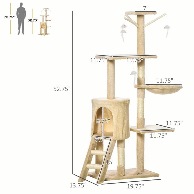 Tucker Murphy Pet™ 53" Plush Sturdy Interactive Cat Condo Tower Scratching Post Activity Tree House - Beige