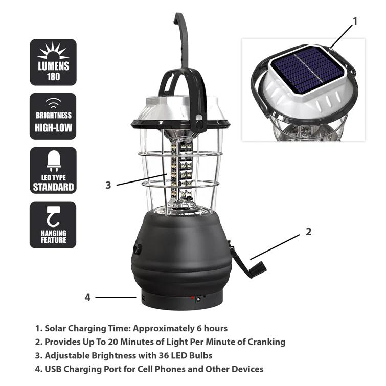 Whetstone Whetstone Dynamo Hand Crank Solar Powered Lantern - Battery-Operated or Rechargeable LED Light with Adjustable Settings for Camping