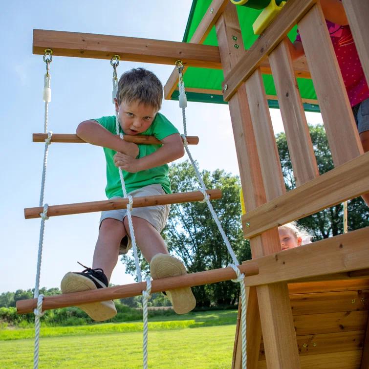 Backyard Discovery Backyard Discovery Mount Mckinley Cedar Wood Swing Set with Wave Slide, Play Deck, Double Rock Wall, and Rope Ladder